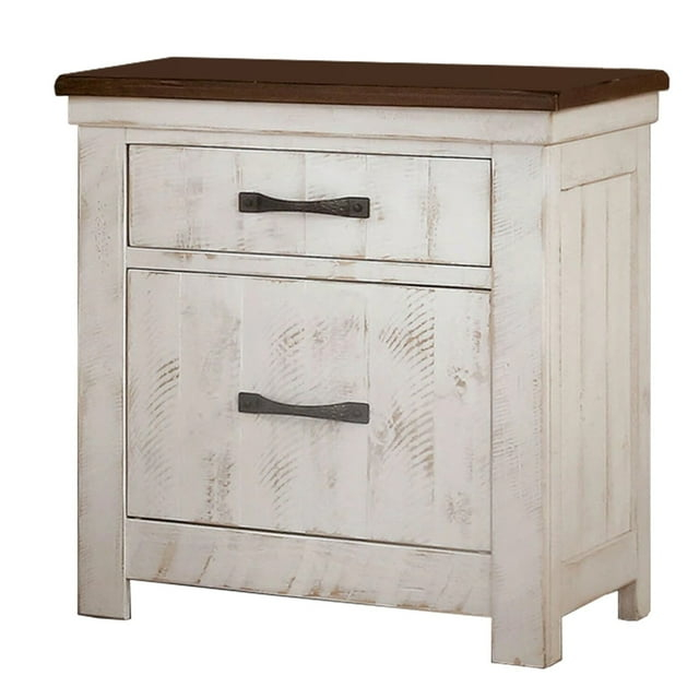 Benjara Nightstand with Plank Design 2 Drawers and USB Plugs, White and Brown