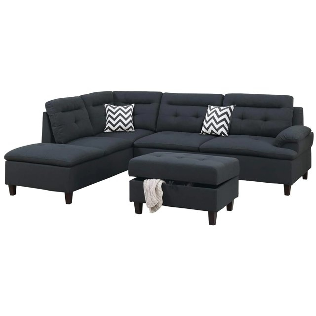 Benjara Olga 3 Piece L Shape Sectional Sofa with Ottoman, 2 Throw Pillows, Black-Color:Black,Material:Polyfiber