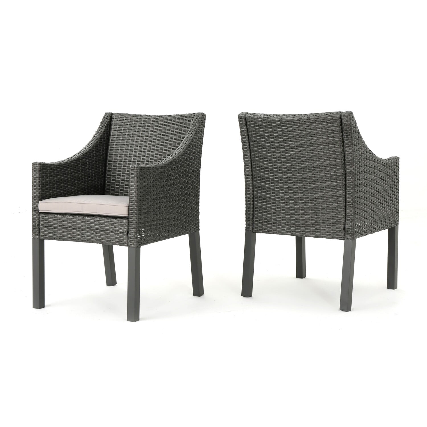 Benjara Outdoor Dining Chair, Sloped Arms, Waterproof Rattan, Gray and Silver