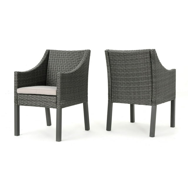 Benjara Outdoor Dining Chair, Sloped Arms, Waterproof Rattan, Gray and Silver