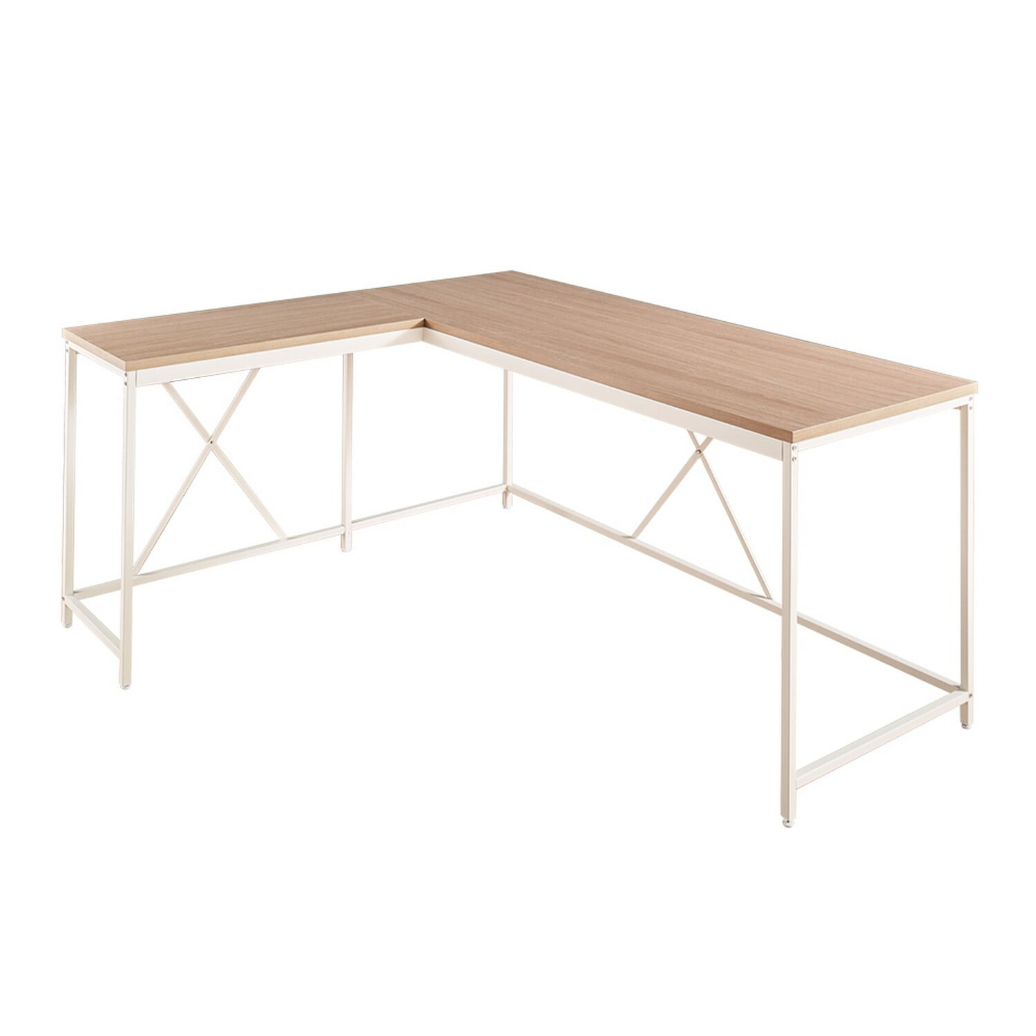 Benjara Posy Corner Desk, L Shaped White Metal Frame, X Crossed, Oak Brown Wood Top