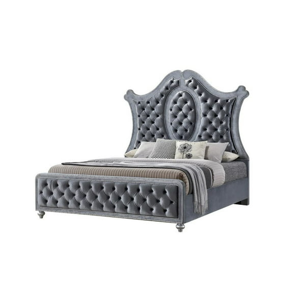 Benjara Rall King Size Bed, Curved Wood Headboard, Tufted Gray Fabric Upholstery