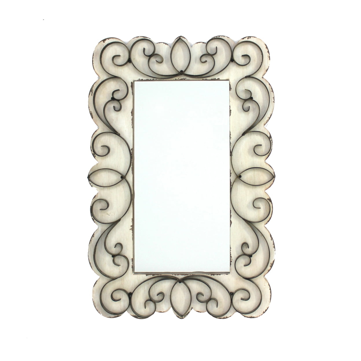 Rectangular Wall Mirror with Wooden Frame and Metal Scrolled edges, White- Saltoro Sherpi