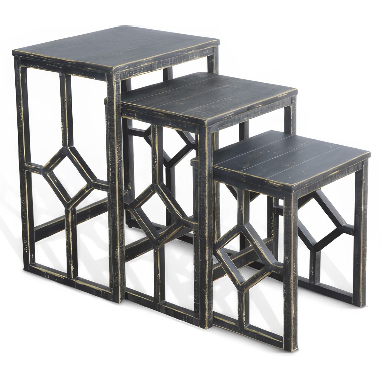 Benjara Rena 3 Piece Nesting Accent Table Set, Slatted, Rustic Black Mahogany