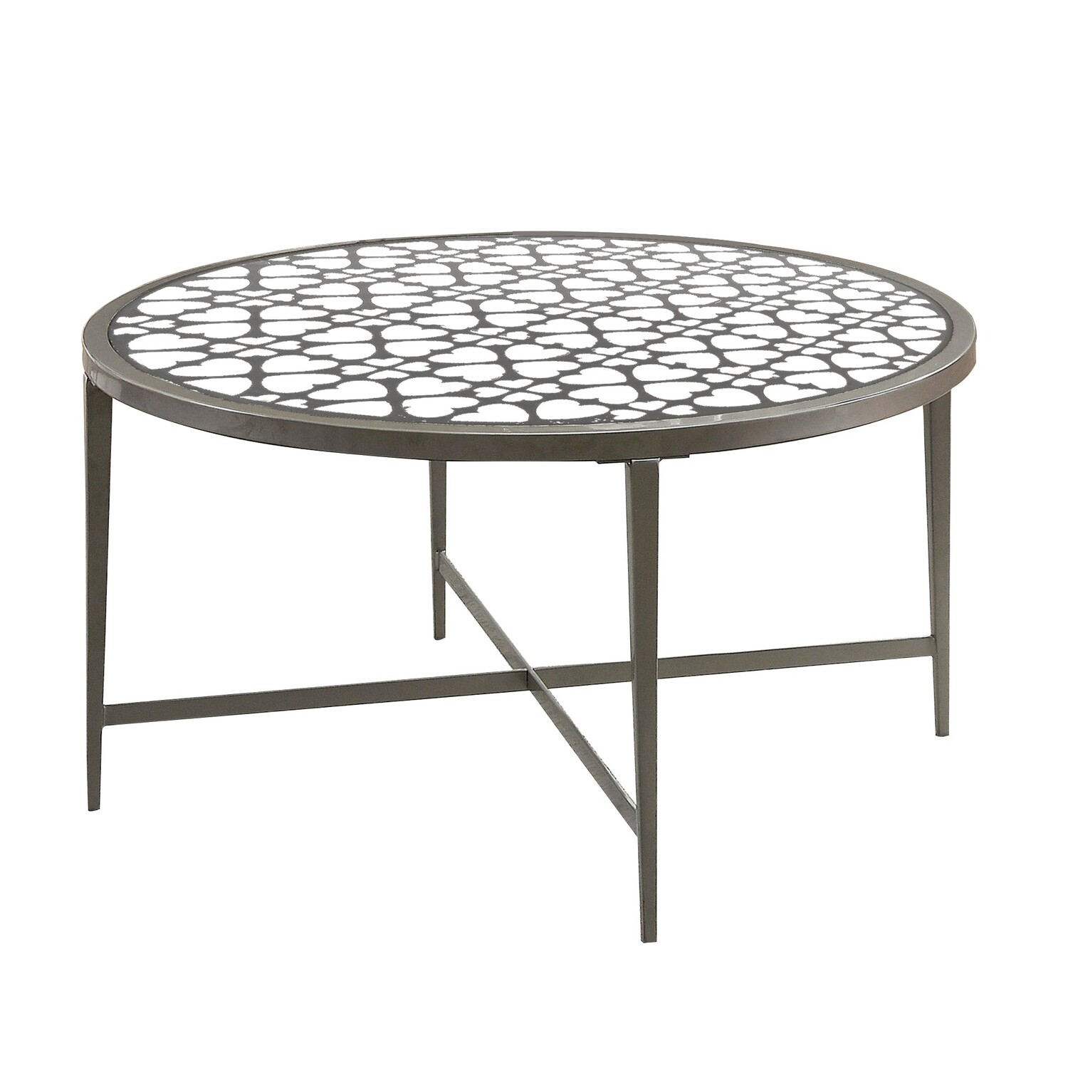 Benjara Round Glass Top Coffee Table with X Support Metal Base, Silver