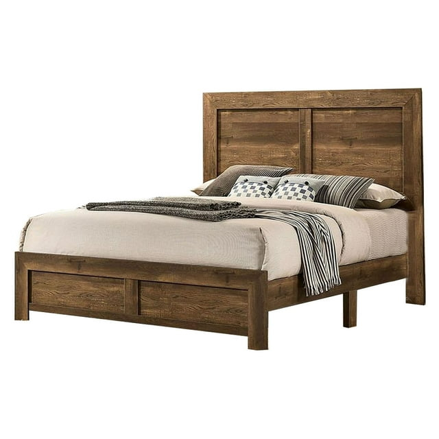 Benjara Rustic Style Wooden Queen Bed with Grain Details, Brown