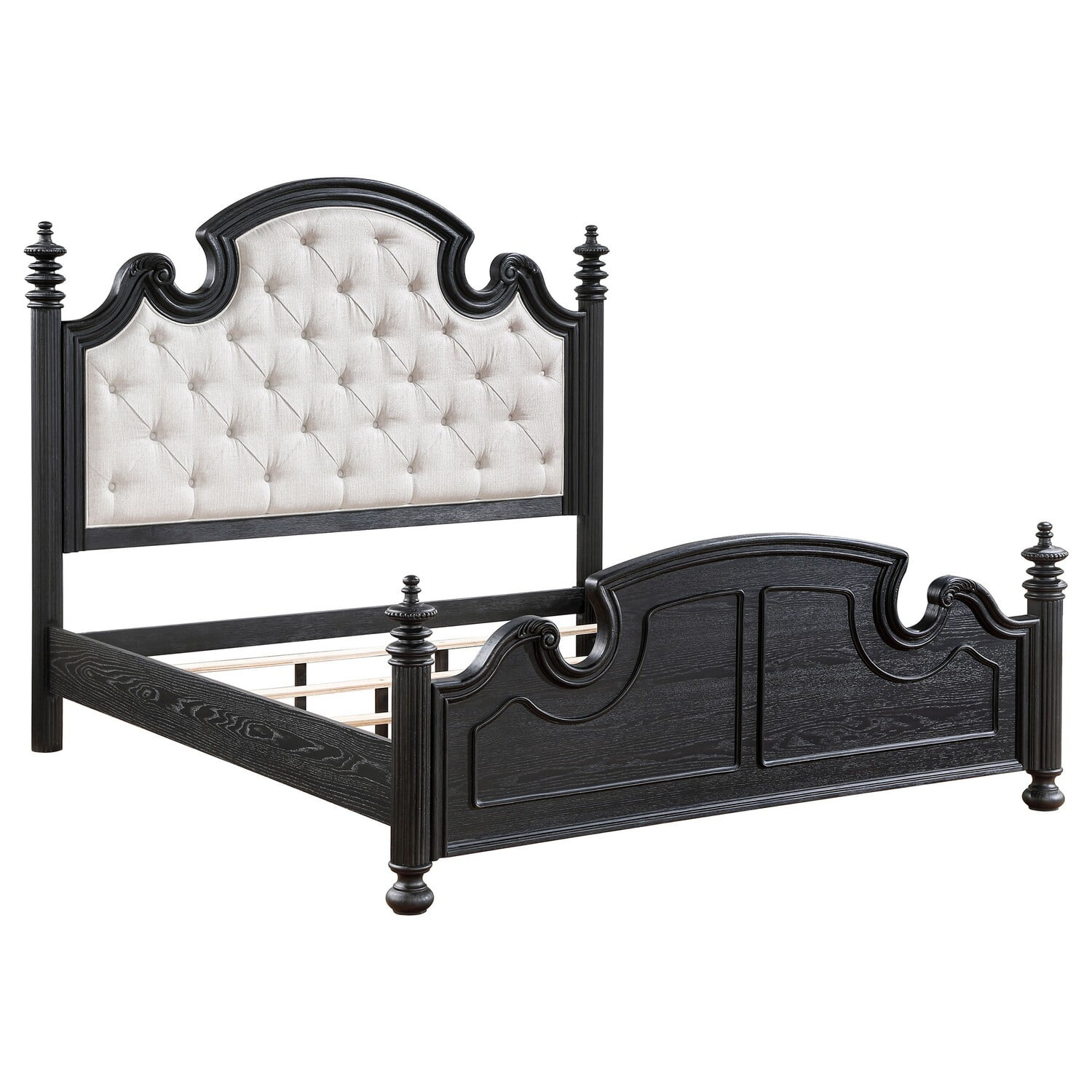 Benjara Selena King Size Poster Bed, Classical White Tufted Upholstery, Black