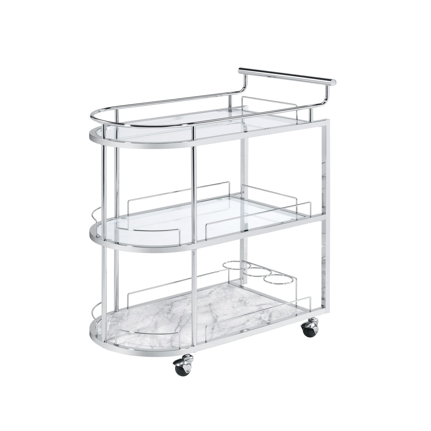 Serving Cart with Oval Shape and Metal Bar Handle Silver