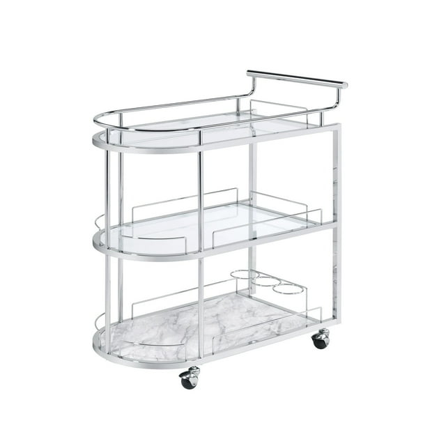Serving Cart with Oval Shape and Metal Bar Handle Silver