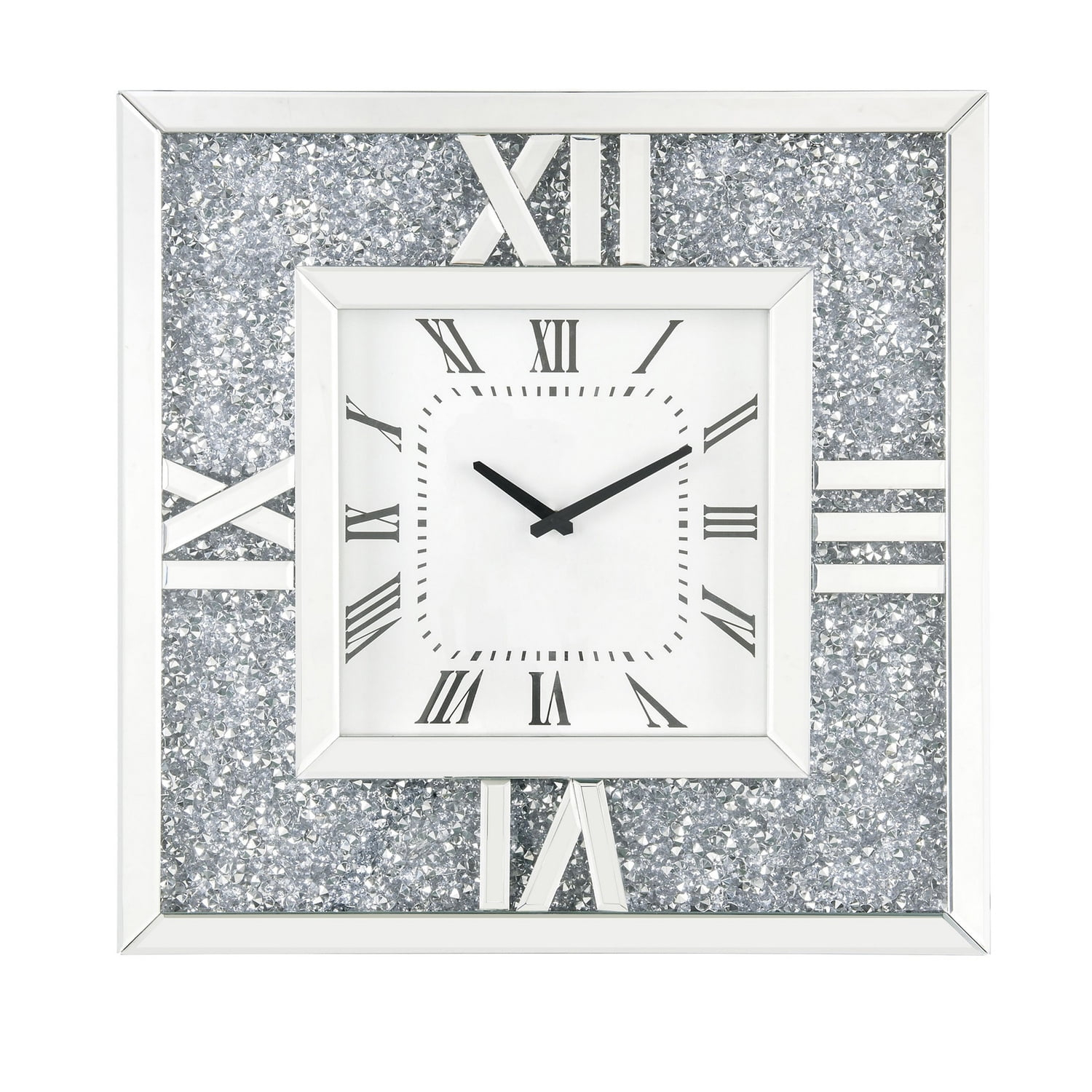 Benjara Square Mirror Panel Frame Wall Clock with Faux Diamond, Silver