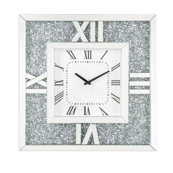 Benjara Square Mirror Panel Frame Wall Clock with Faux Diamond, Silver