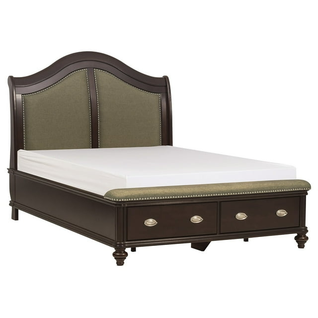 Benjara Stoe Queen Sleigh Bed, Padded Headboard, Storage Footboard, Brown Wood