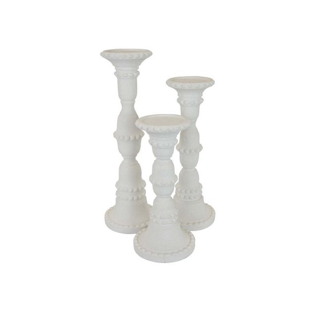Benjara Accent Candle Holder Set of 3, Tall Pillars, Heavy Base, White Resin