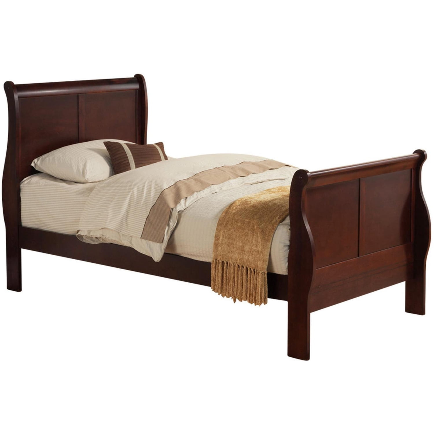 Benjara Transitional Panel Design Sleigh Twin Size Bed, Cherry Brown