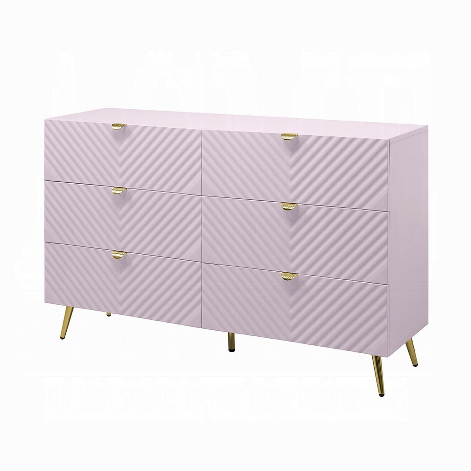 Benjara Tyra Wide Dresser, 6 Drawers, Gold Legs, Gloss Pink Chevron Pattern