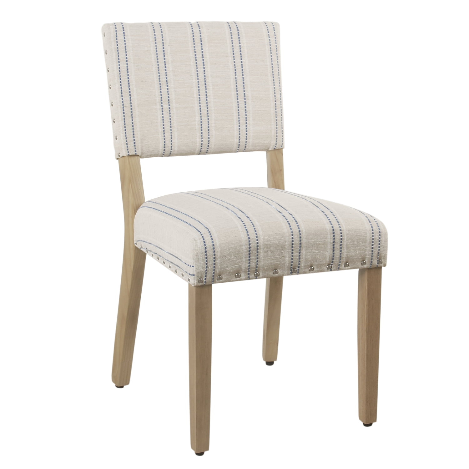 Wooden Dining Chair with Striped Pattern Fabric Cushioned Seat, Blue & White - Set of 2