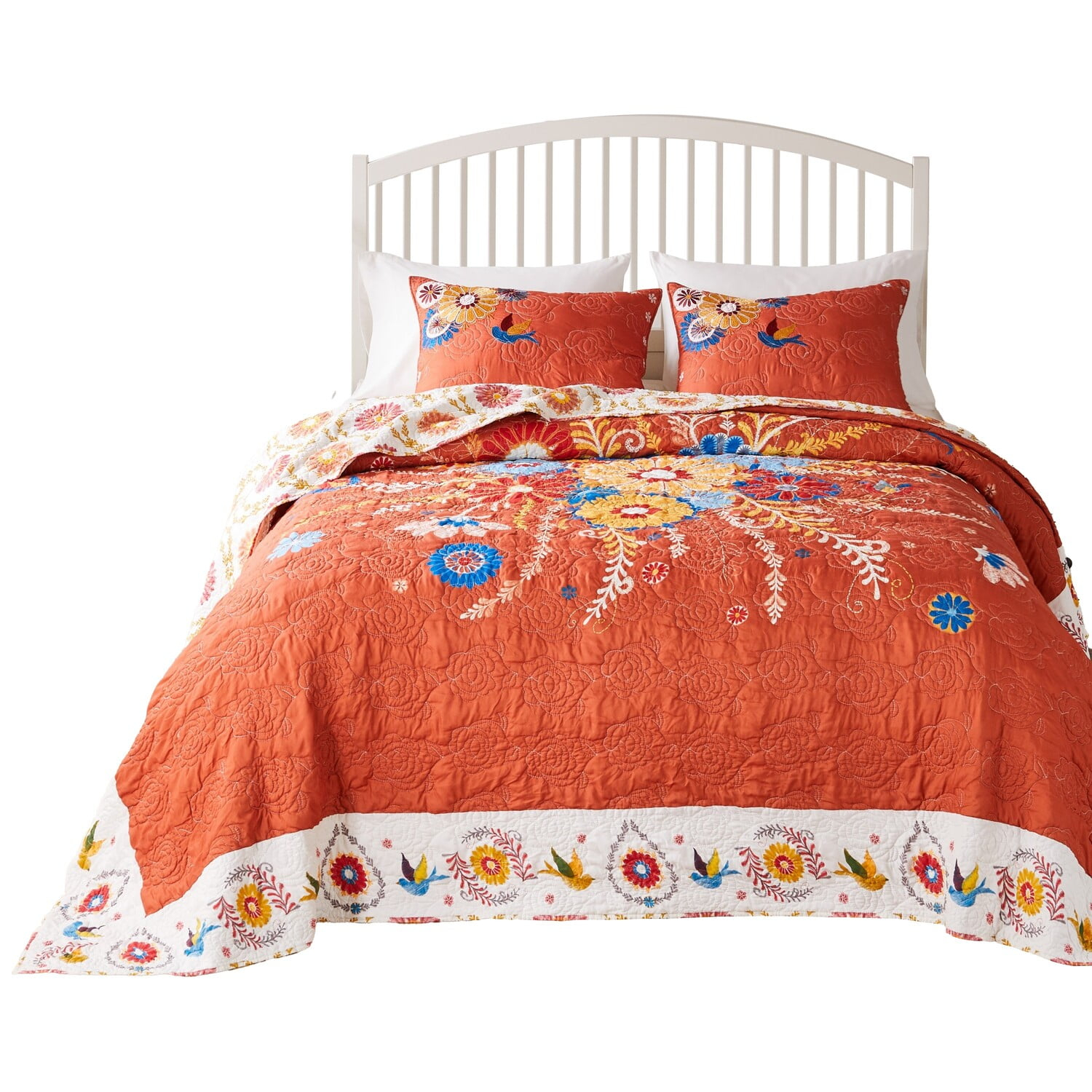Benjara Xan 3pc Queen Bedspread and Pillow Sham Set, Bouquet Print, Multicolor