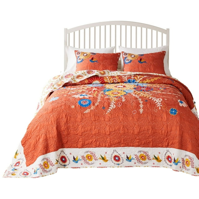 Benjara Xan 3pc Queen Bedspread and Pillow Sham Set, Bouquet Print, Multicolor