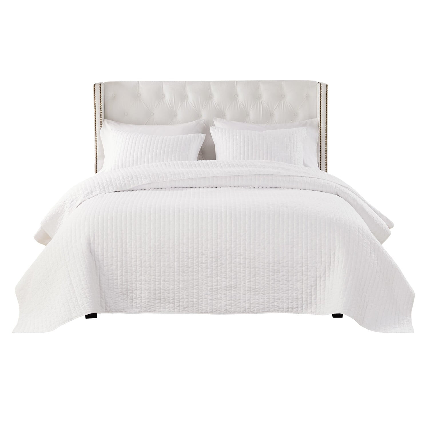 Benjara Xumi 3pc Cal King Quilt and Pillow Sham Set, Channel Style Antique White