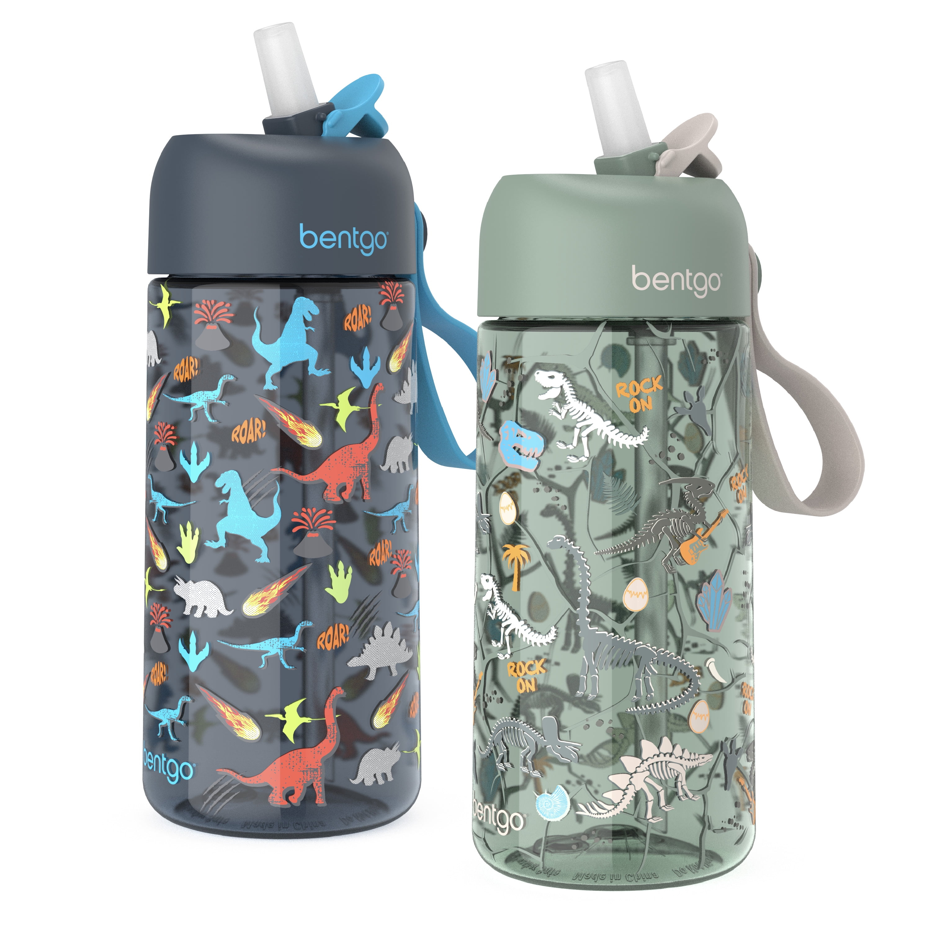 Bentgo® Kids Water Bottle 2-Pack - New, Improved 2023 Leak-Proof BPA-Free 15 oz Cups for Toddlers & Children - Flip-Up Safe-Sip Straw for School, Sports, Daycare, Camp (Dinosaur/Dino Fossils)