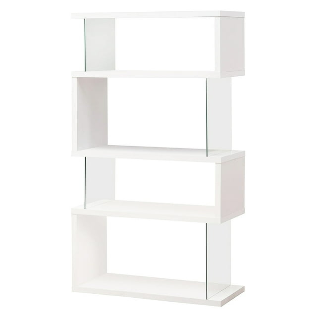 Benzara 3-Shelf Wood Bookcase with Tempered Glass Sides in Glossy White