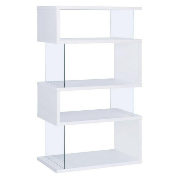 Benzara 3-Shelf Wood Bookcase with Tempered Glass Sides in Glossy White