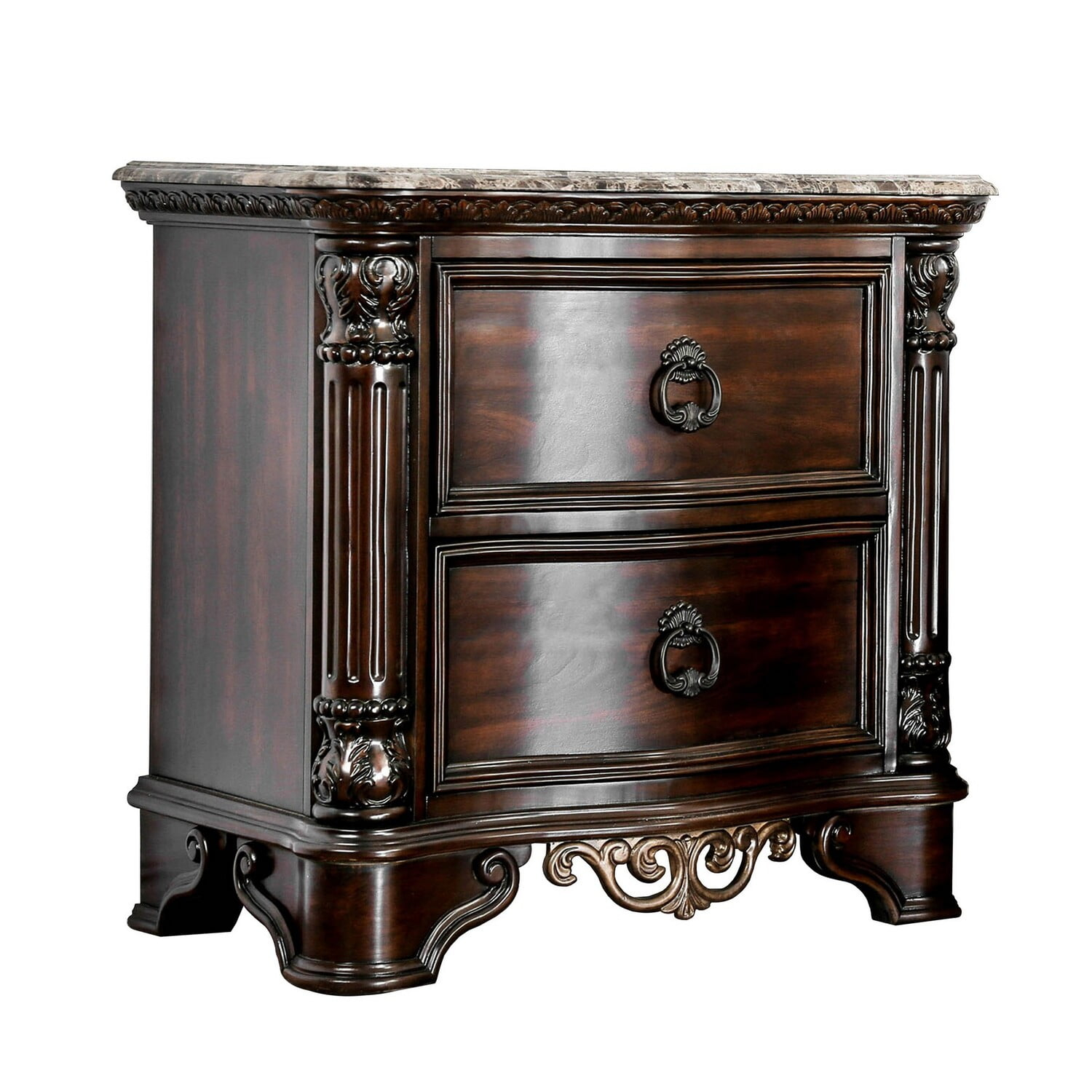 Benzara 30 Inch Nightstand with 2 Drawers, Classic Marble Top, Ornate Pilasters, Dark Cherry Brown