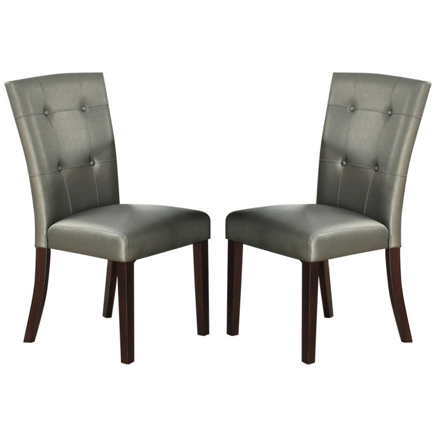 BenJara Button Tufted Faux Leather Wooden Dining Chair, Set Of 2,Silver