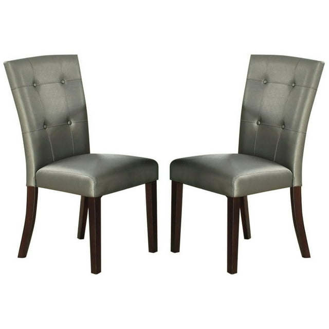 BenJara Button Tufted Faux Leather Wooden Dining Chair, Set Of 2,Silver