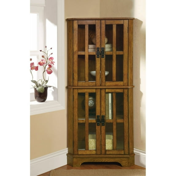 Corner Curio Cabinet With Windowpane Style Door Fronts, Brown