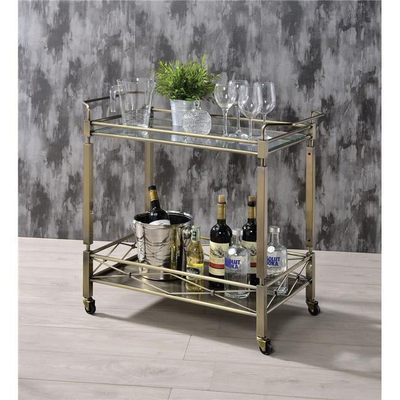 Two Tiered Metal Serving Cart with Glass Shelves and Side Rails, Antique Gold
