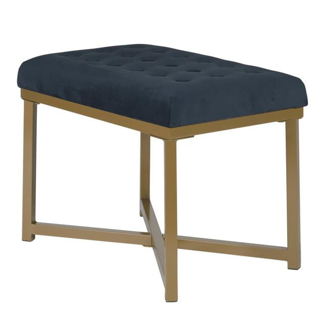 Benzara BM196046 Metal Framed Bench with Button Tufted Velvet Upholstered Seat, Dark Blue & Gold