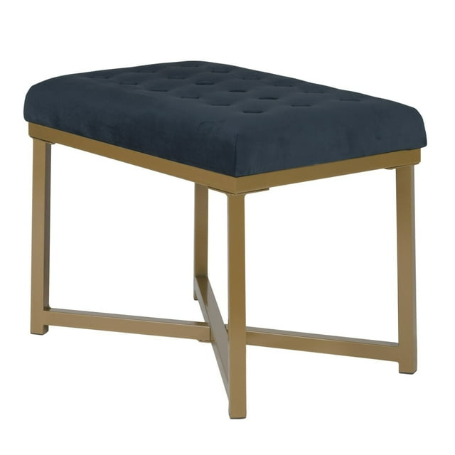 Benzara BM196046 Metal Framed Bench with Button Tufted Velvet Upholstered Seat, Dark Blue & Gold