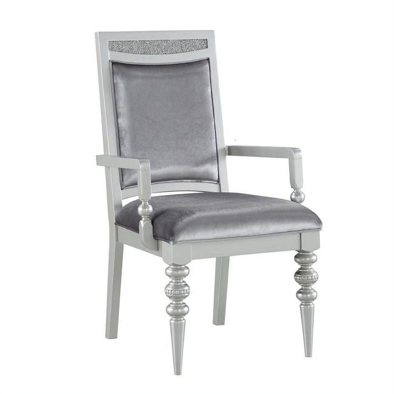 Benjara Crystal Inlaid Fabric Upholstered Wooden Arm Chair, Set of 2, Silver