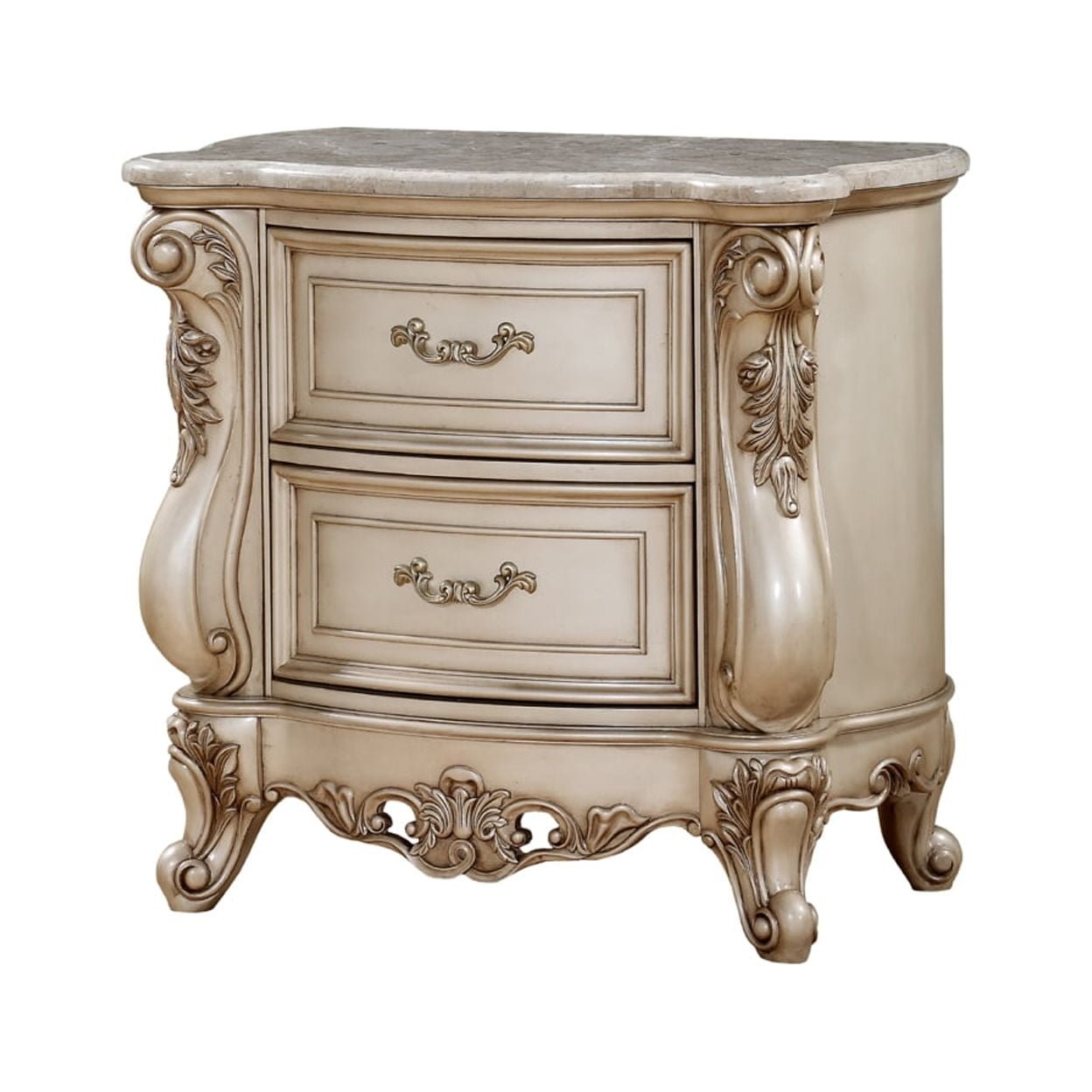 Benzara BM207490 2 Drawer Nightstand with Raised Scrolled Floral Moulding, White