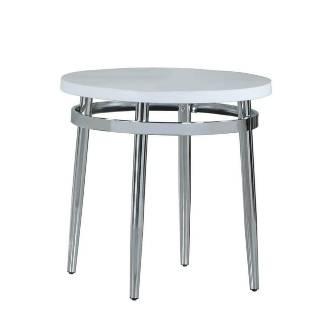 Benzara BM242057 Round Faux Marble Top End Table with Metal Tubular Legs, White