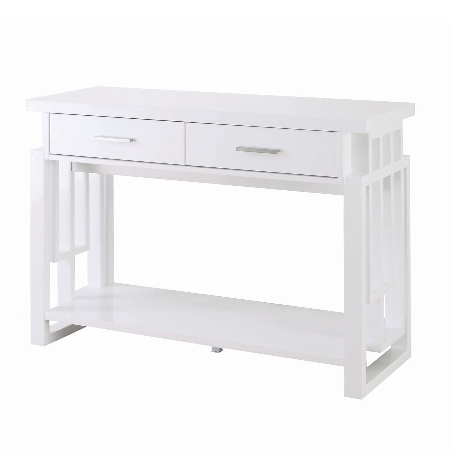 Benzara Contemporary Wooden Sofa Table With Designer Sides & Shelf, Glossy White
