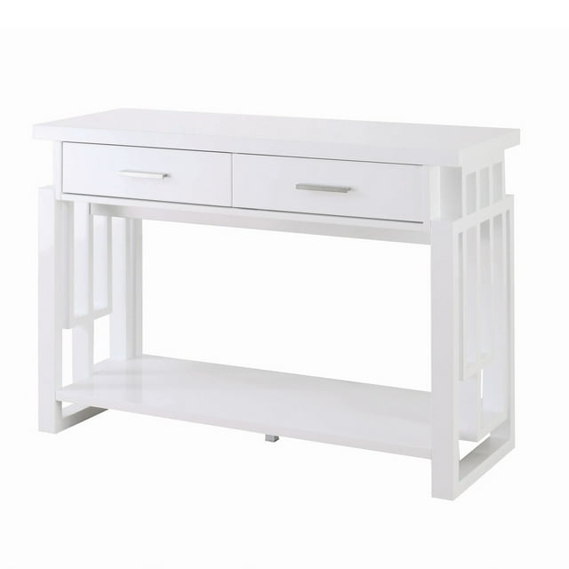 Benzara Contemporary Wooden Sofa Table With Designer Sides & Shelf, Glossy White
