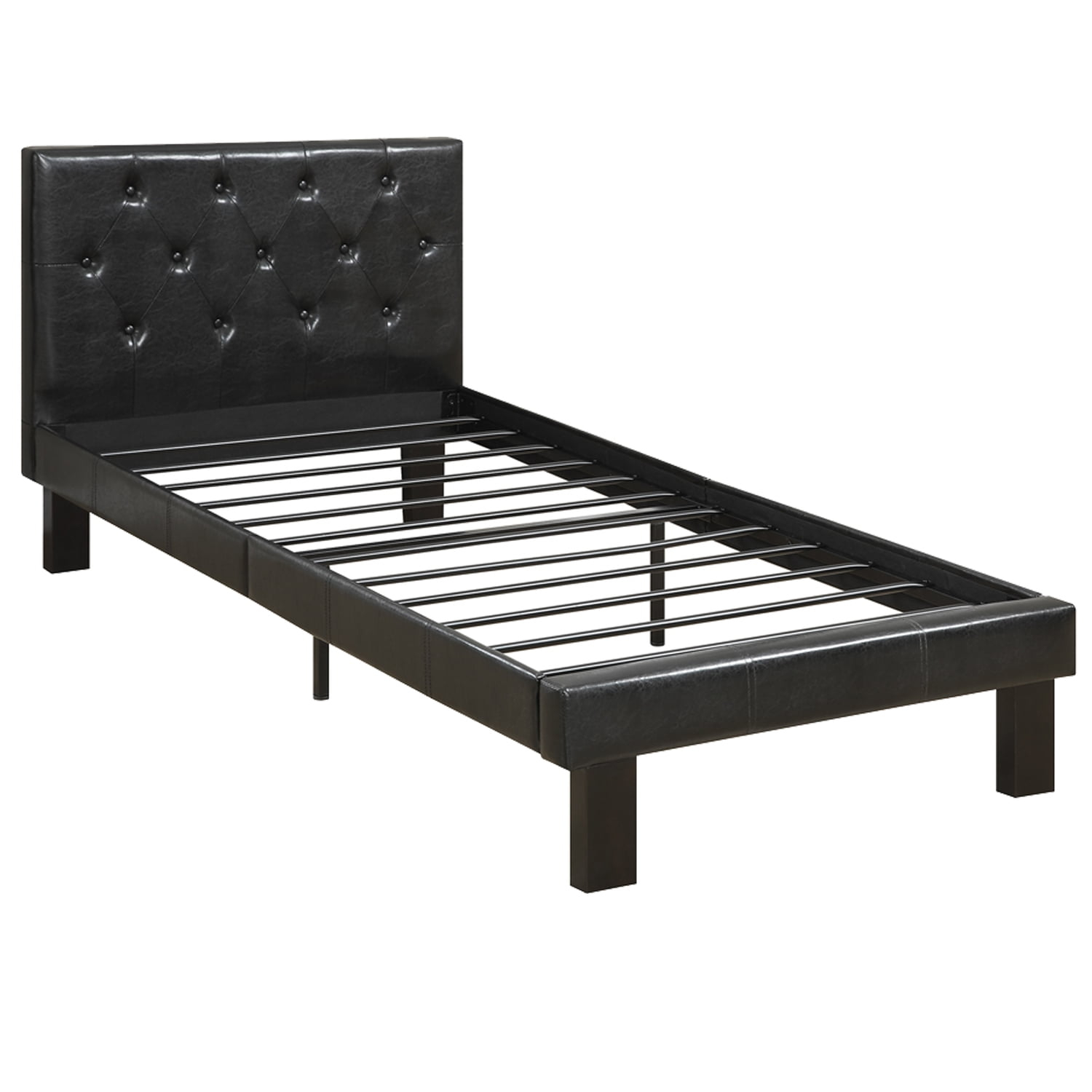 Benzara Faux Leather Upholstered Twin size Bed with tufted Headboard, Black