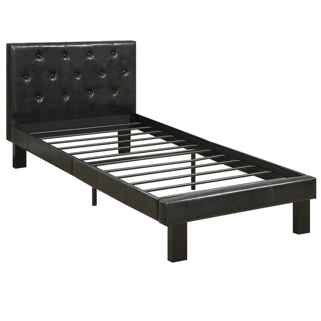 Benzara Faux Leather Upholstered Twin size Bed with tufted Headboard, Black