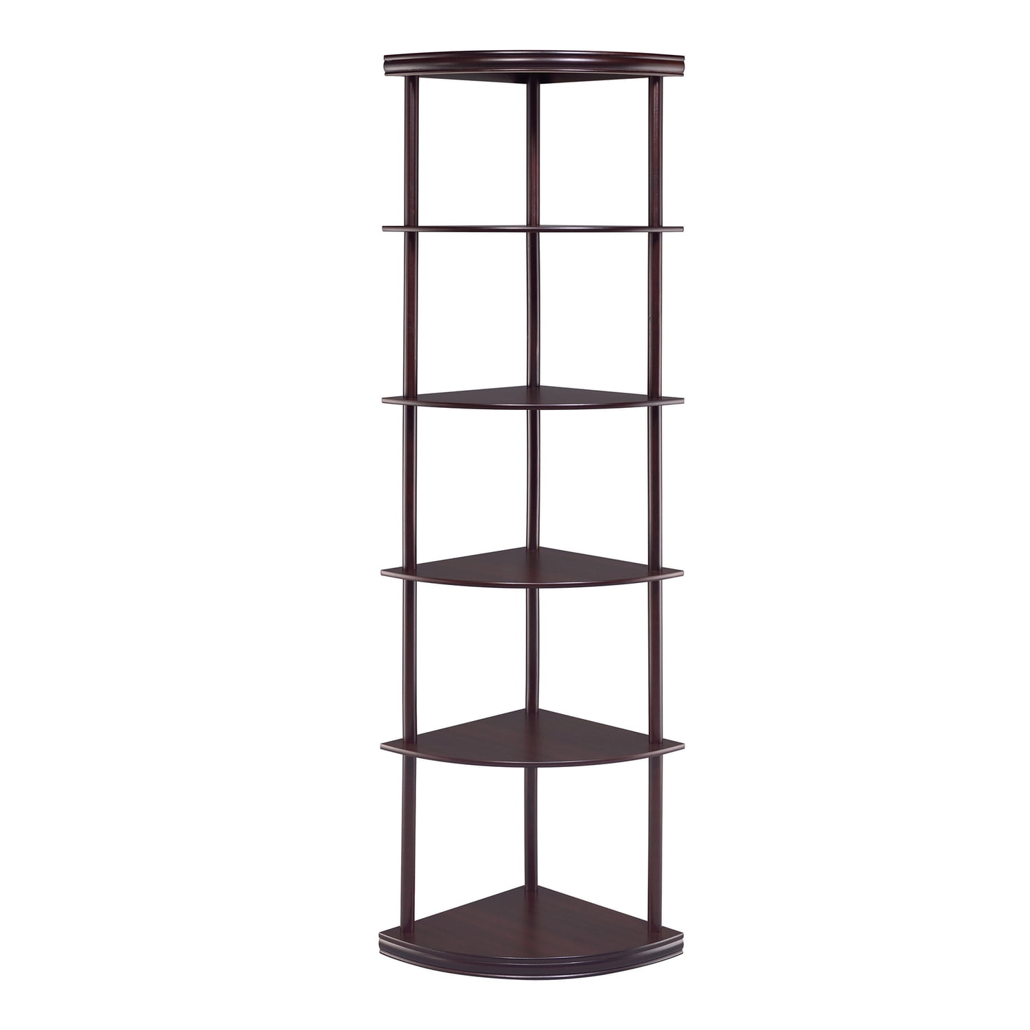 Benjara Illuminating corner bookcase with five pie shaped shelves, Brown-Color:Dark Brown