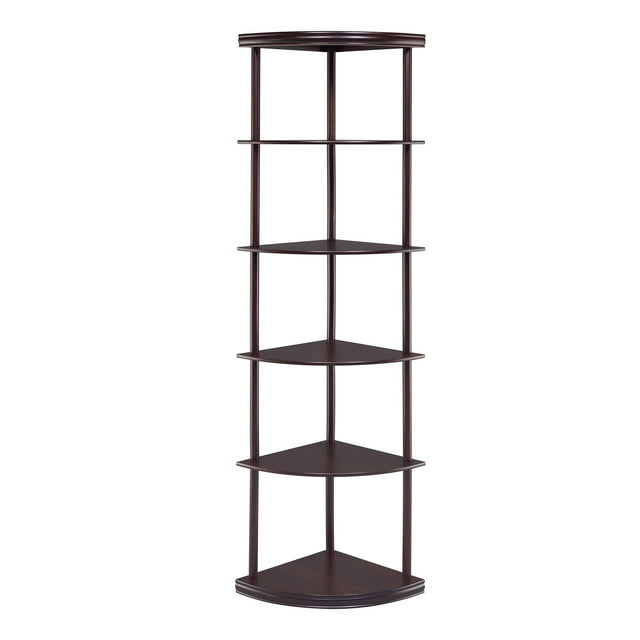 Benjara Illuminating corner bookcase with five pie shaped shelves, Brown-Color:Dark Brown