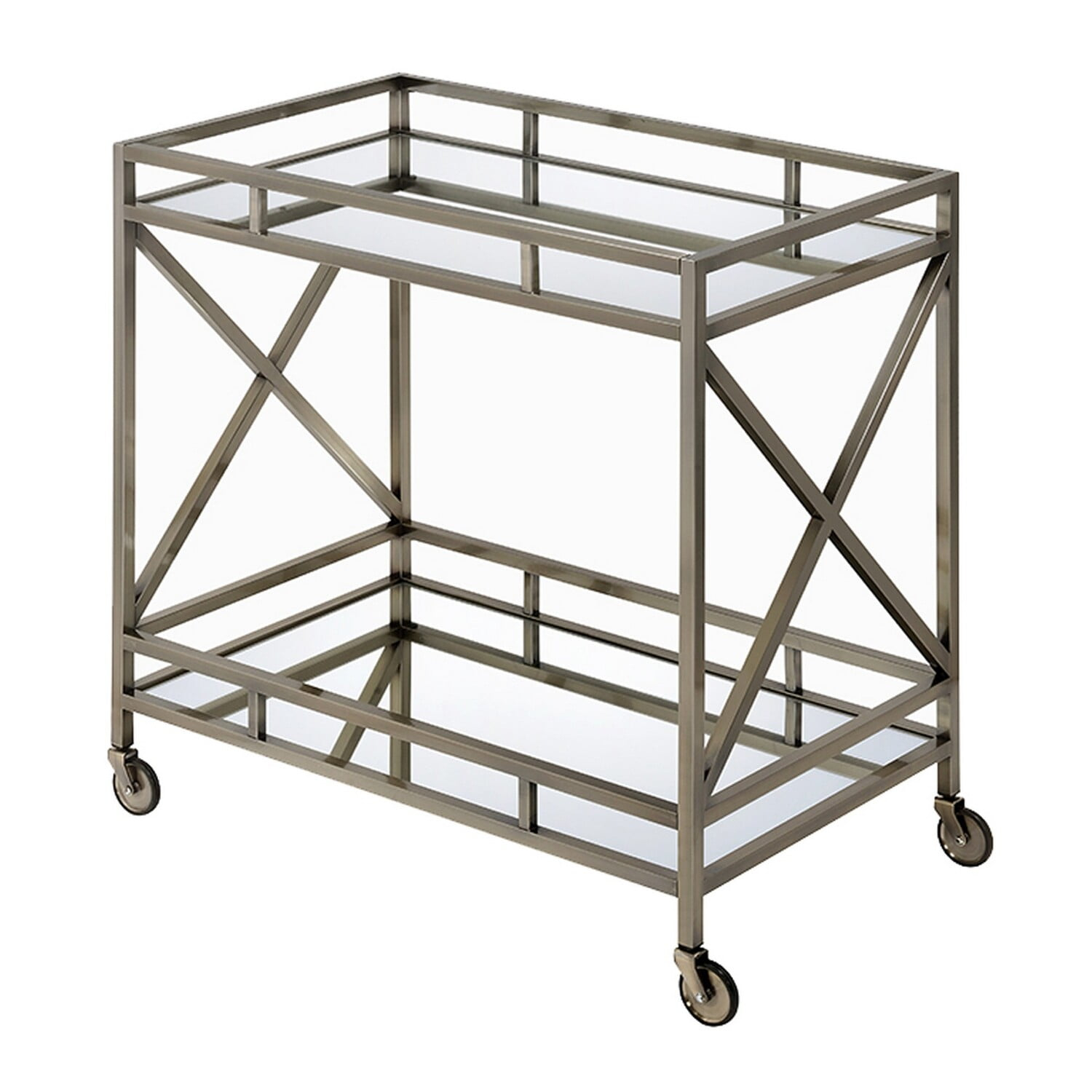 Benzara Metal Framed Two Tier Serving Cart with X Shaped Side Panels, Mirrored, Antique Gold