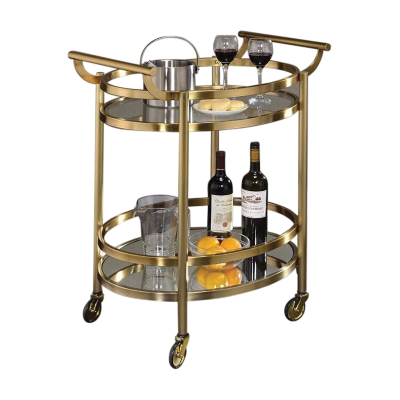 Benjara Oval Metal Serving Cart, Clear Glass & Copper-Color:Clear Glass & Gold