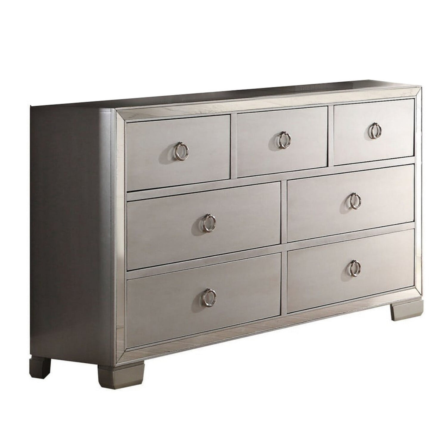 Benzara Seven Drawer Dresser With Mirror Insert Front Trim, Platinum
