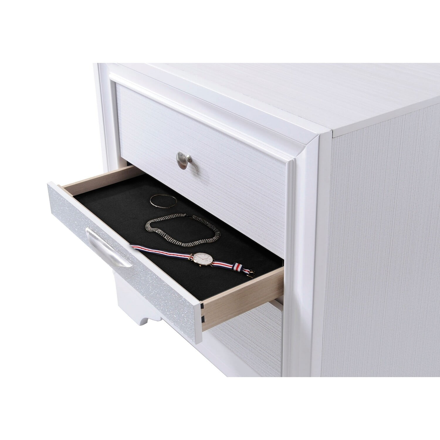 Benzara Stylish 3 Drawers Wood Nightstand By Naima , White