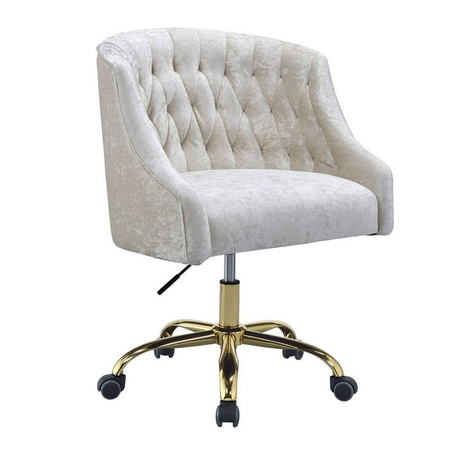 Swivel Velvet Upholstered Office Chair with Adjustable Height and Metal Base, Cream and Gold