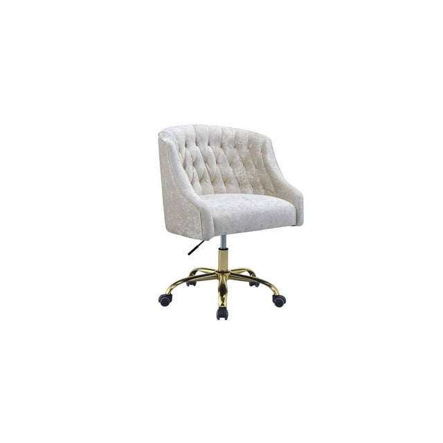 Benzara Swivel Velvet Upholstered Office Chair with Adjustable Height and Metal Base, Cream and Gold
