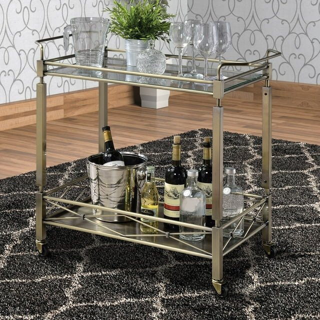 Two Tiered Metal Serving Cart with Glass Shelves and Side Rails, Antique Gold