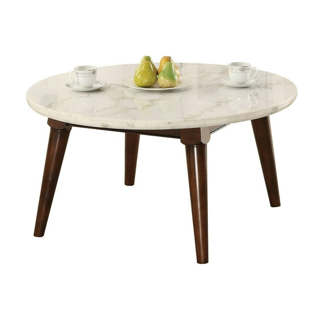 Benjara Wood Base Coffee Table with Marble Top, Walnut Brown